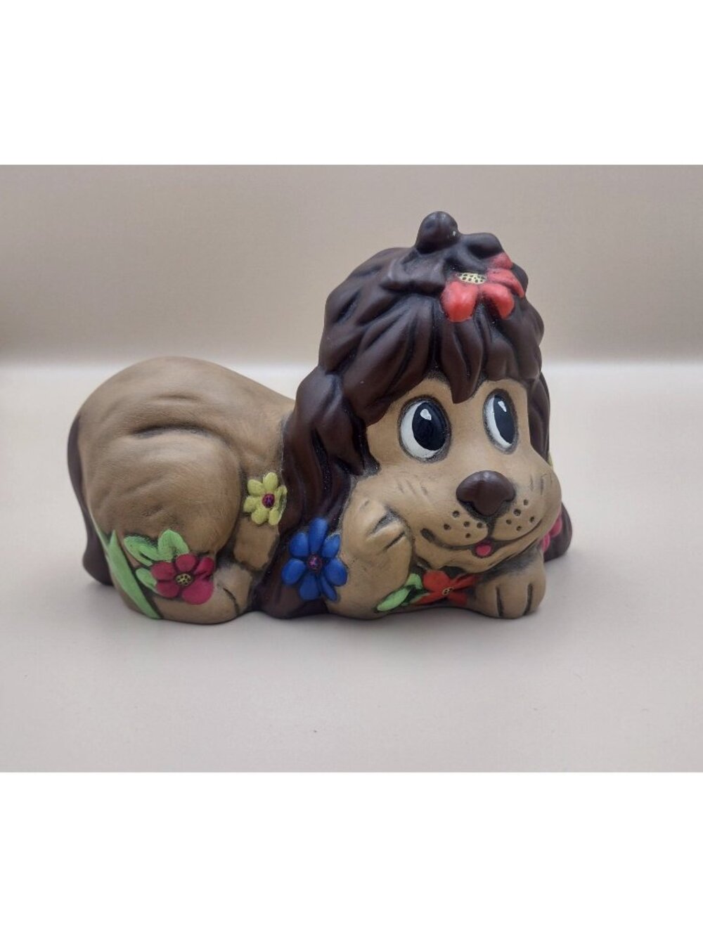 Vintage Hand-Painted Ceramic Puppy Dog Figuring Floral 70s Style Flowers Cute